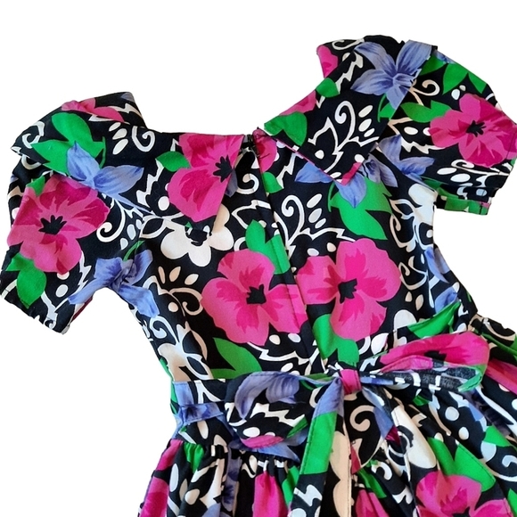 VINTAGE 90s Dress size 6X Bright Floral Cotton Full Skirt Padded Shoulders - Picture 6 of 8